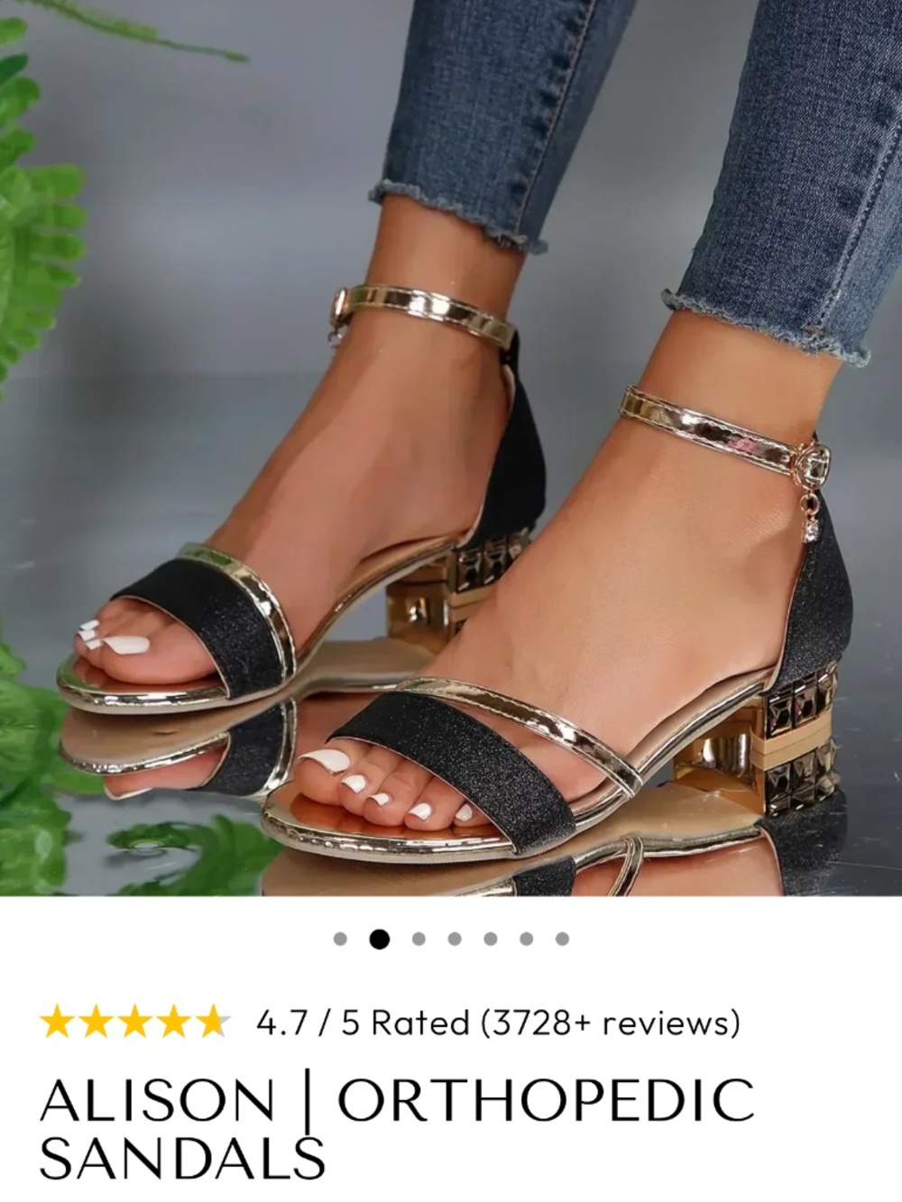 Black and Gold Low Heeled Sandals